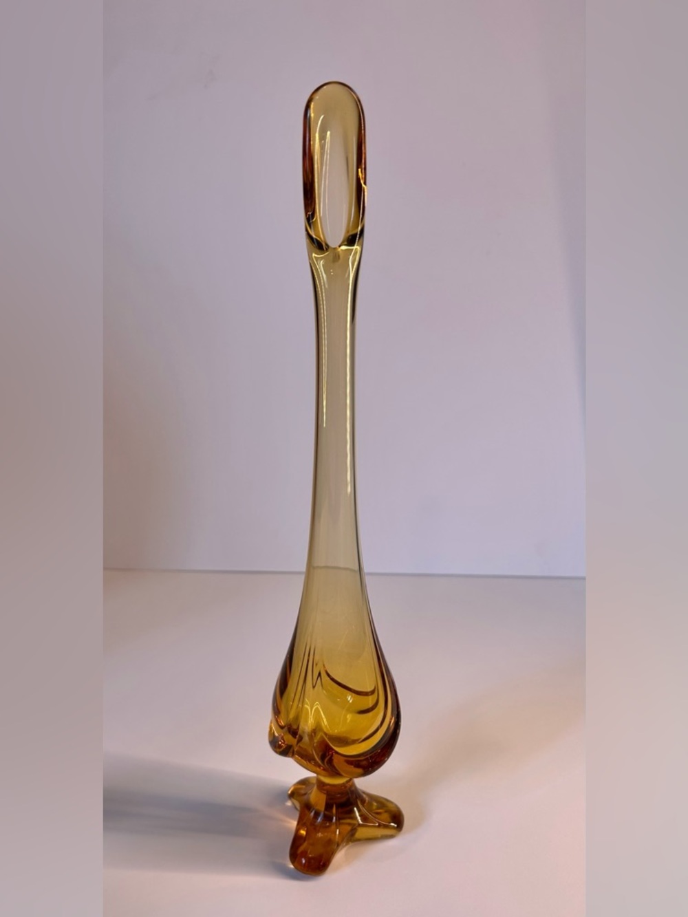 Vintage Viking Epic Drape Amber Glass Bud Swung Vase, 3 toed/footed 13.5”